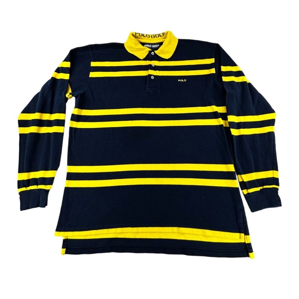 Vtg Polo Golf Ralph Lauren Polo Shirt Yellow & Navy Striped Long Sleeve Rugby